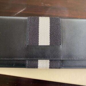 Bally Torrida Leather Wallet Clutch Black Cream Fabric Accents NEW